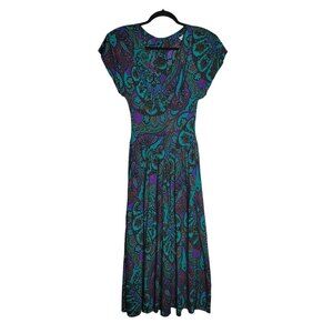 Vintage Surplice empire waist secretary fit n flare dress paisley print teal sz